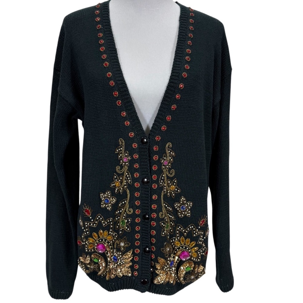 Beldochpopper Black Beaded Cardigan Sweater M Vintage Boho Jewel Sequin